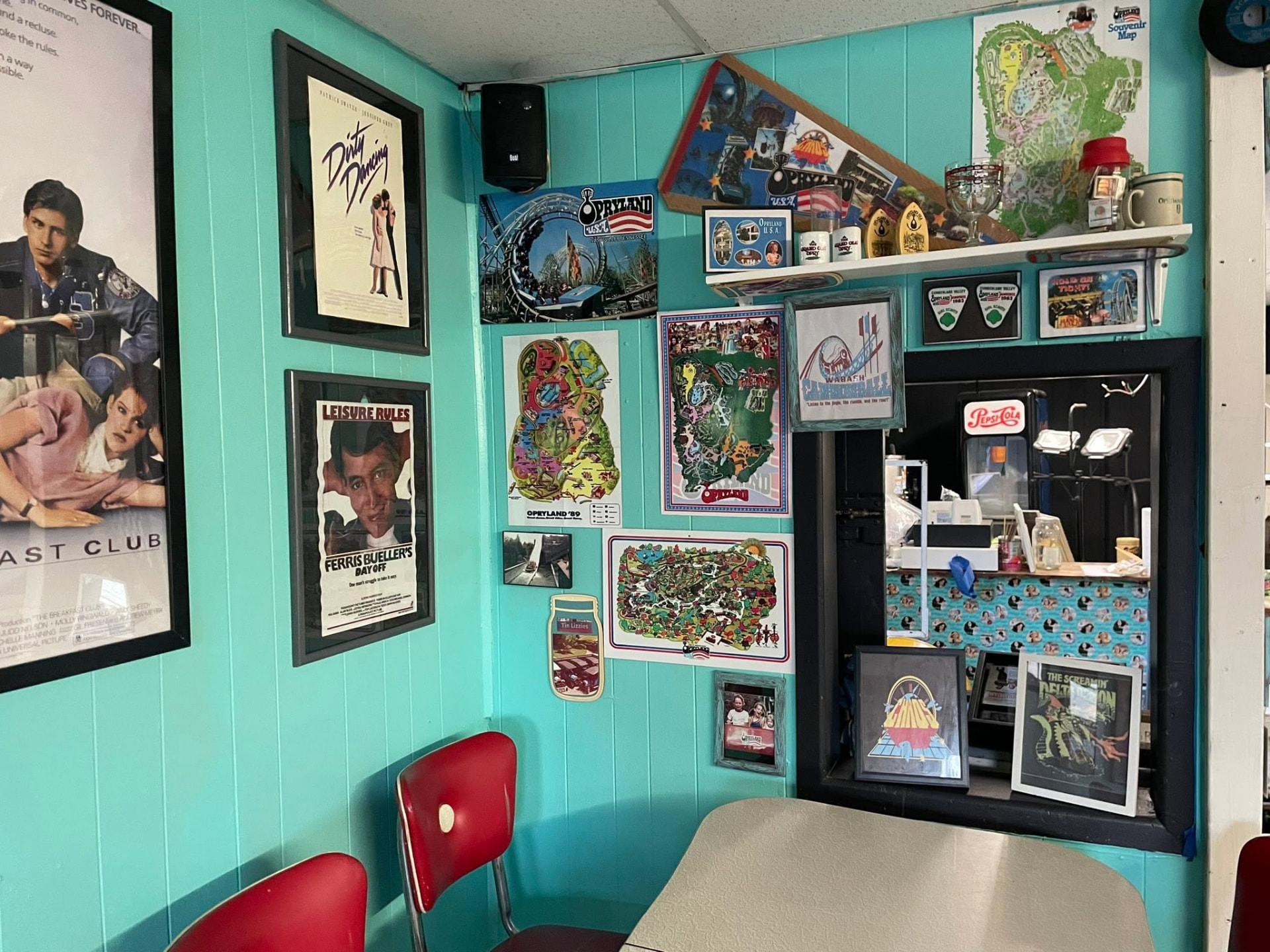 The diner’s turquoise walls with The Breakfast Club, Dirty Dancing, Ferris Bueller and Opryland memorabilia
